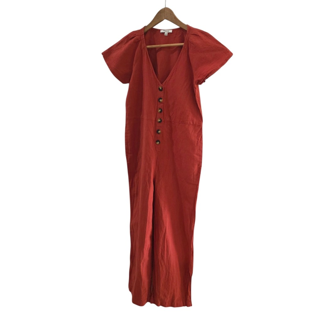 Madewell Women Linen Cotton Pleat Sleeve Jumpsuit 00 Dark Cinnabar Button Front